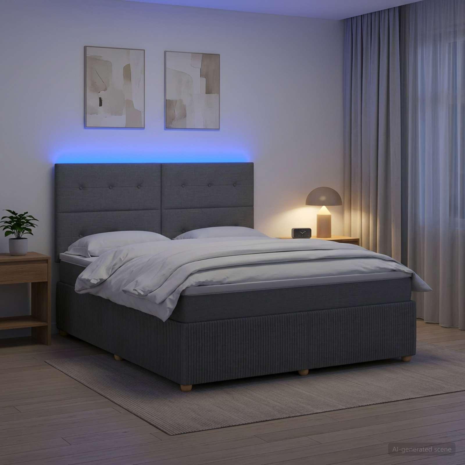 LED boksmadrasseng med madras 180 x 200 cm mørkegrå stof