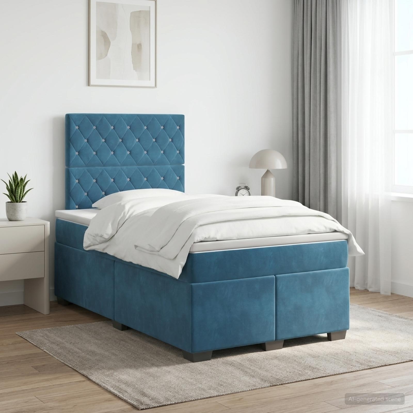Seng med madras, topmadras og hovedgærde 120 x 190 cm blå fløjl