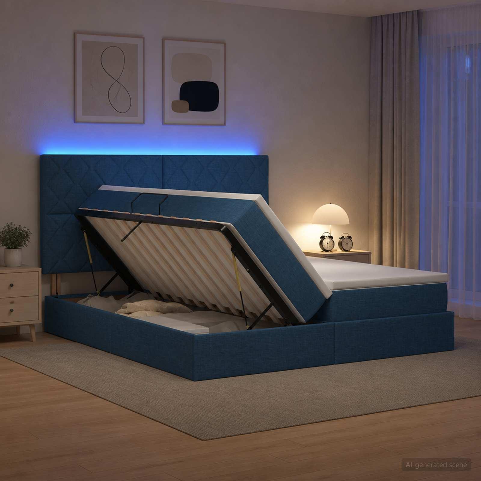 vidaXL LED opbevarings seng med madras Blå 180 x 200 cm Stof