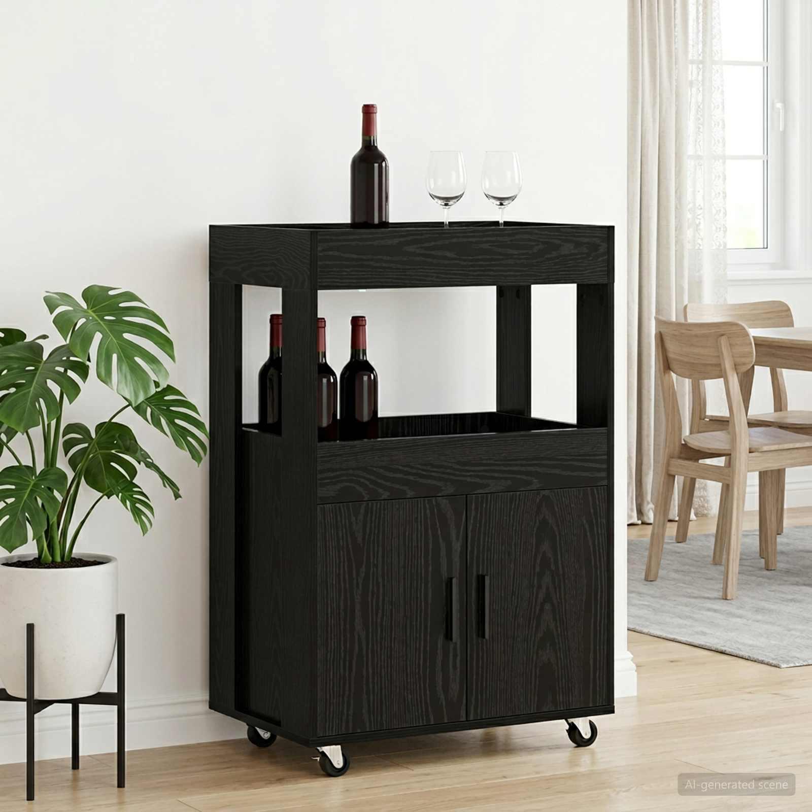 Barvogn i sort eg 60 x 39,5 x 89 cm med hjul og opbevaring