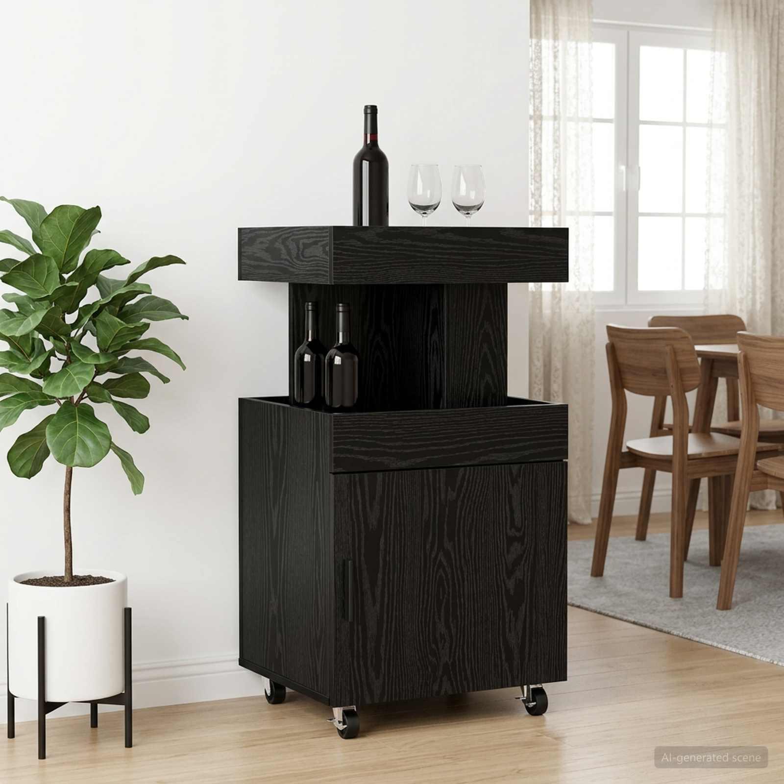 Barvogn i sort eg 50 x 41 x 89 cm med hjul og opbevaring