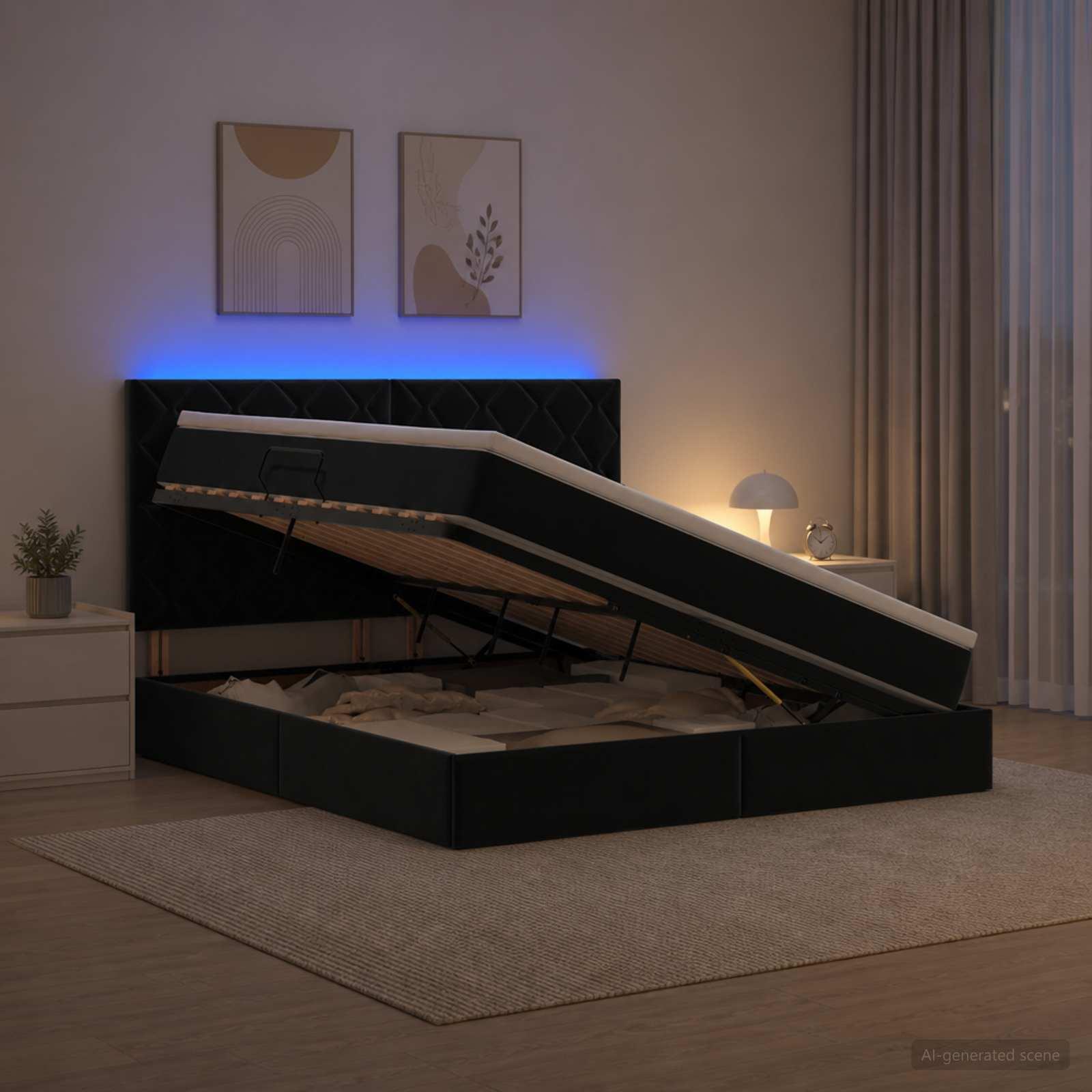 vidaXL LED opbevarings seng med madras Sort 160 x 200 cm Fløjl