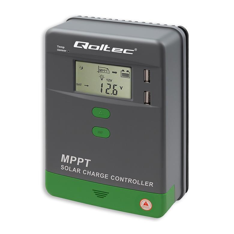 Qoltec MPPT solcelleregulator med temperatursensor 10A 12V/24V LCD 2 x USB GEL LiFePO4