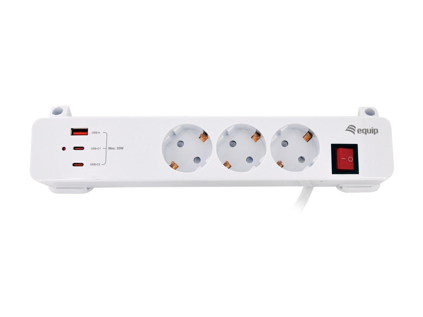 Equip stikdåse med klemme, 3 stikkontakter og 3 USB-porte hvid