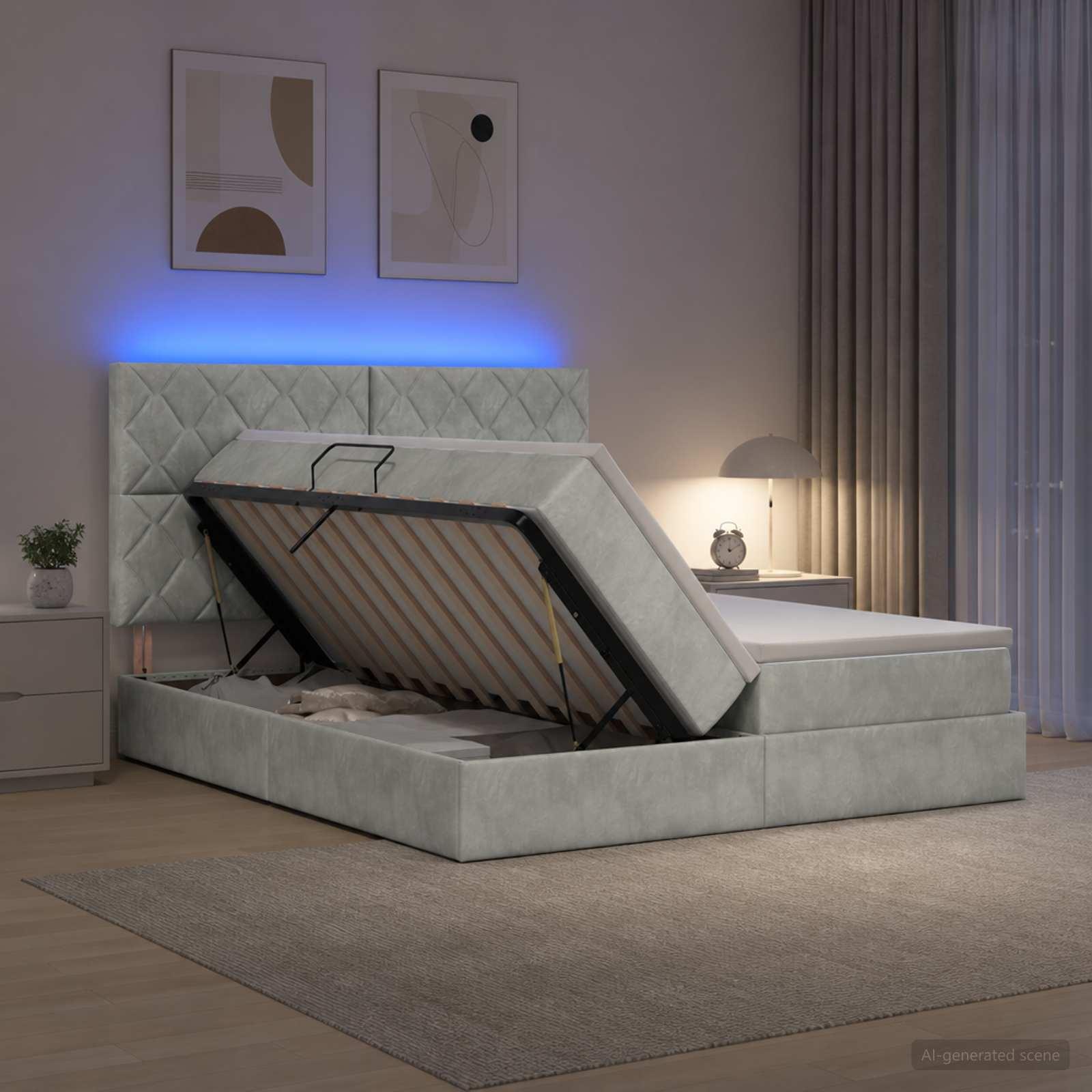 vidaXL LED opbevarings seng med madras Lysegrå 180 x 200 cm Fløjl