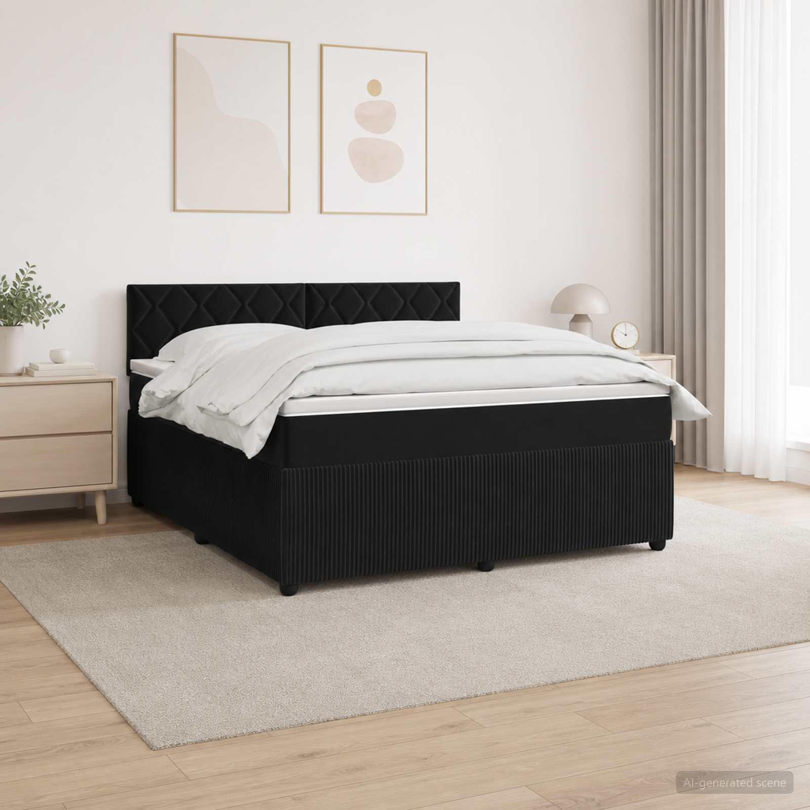 Boksmadras seng med topmadras og hovedgærde 180 x 200 cm i sort fløjl