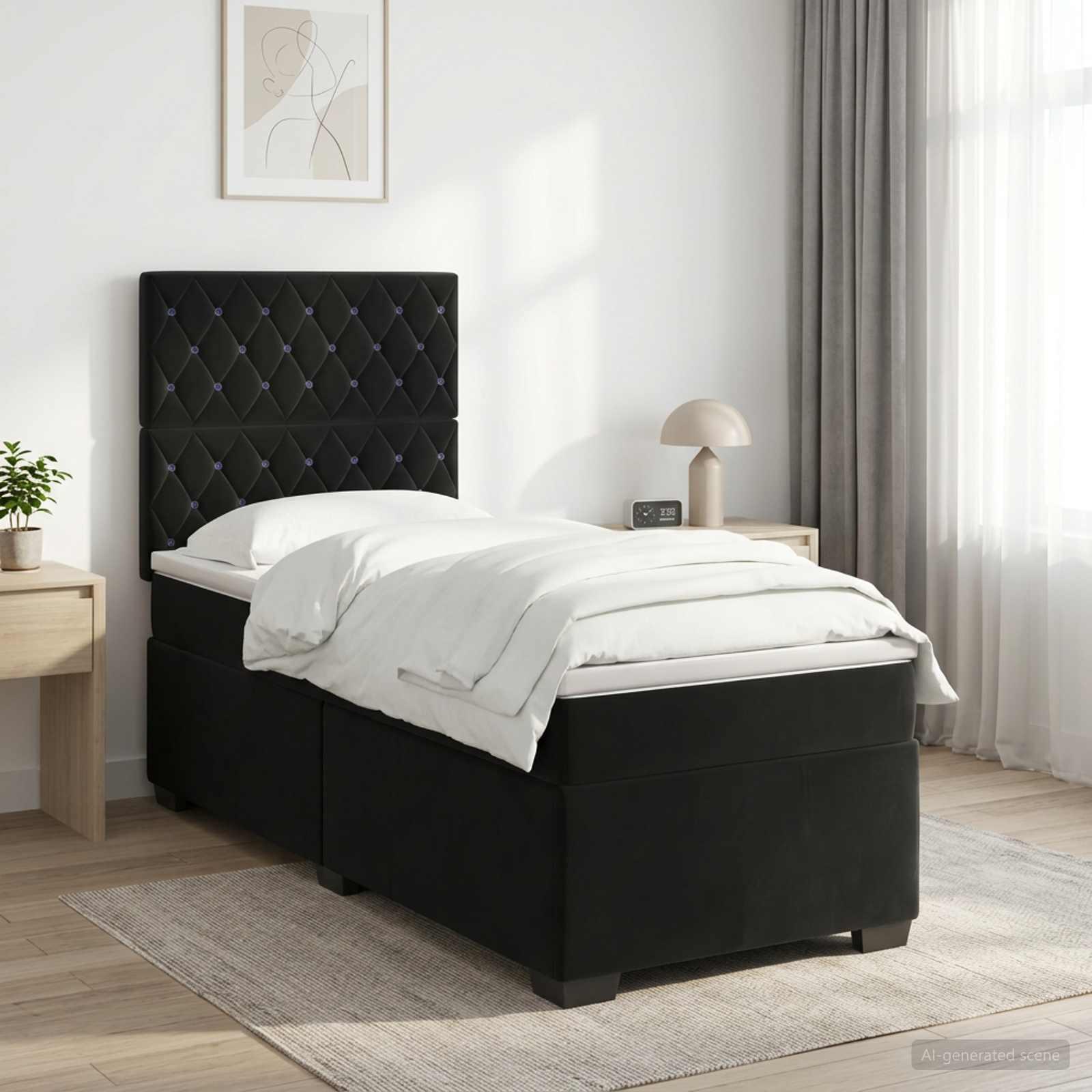 Kontinentalseng med topmadras og hovedgærde 90 x 190 cm i sort fløjl