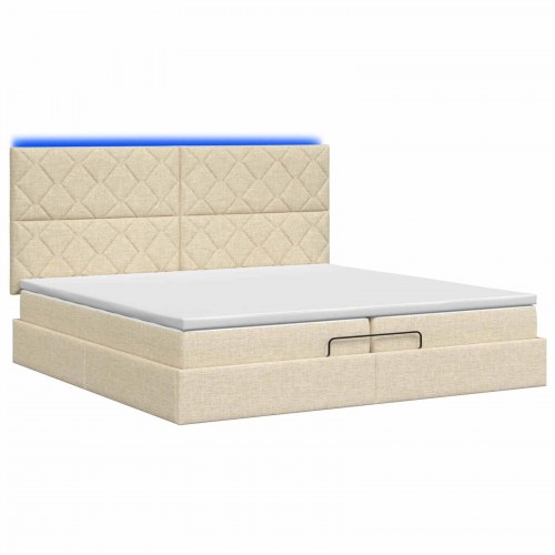 Ottoman seng med madras og LED 200 x 200 cm - cremefarvet stof