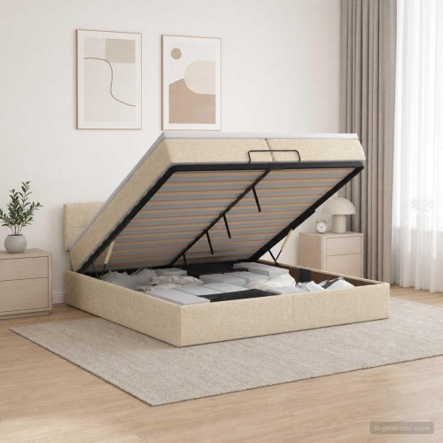 Ottoman seng med madras og LED cremefarvet 200 x 200 cm stof