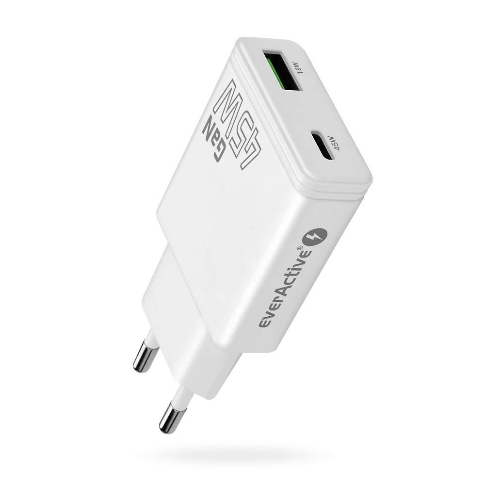 everActive GaN vægoplader 45 W PD med USB-C og USB-A Quick Charge, hvid