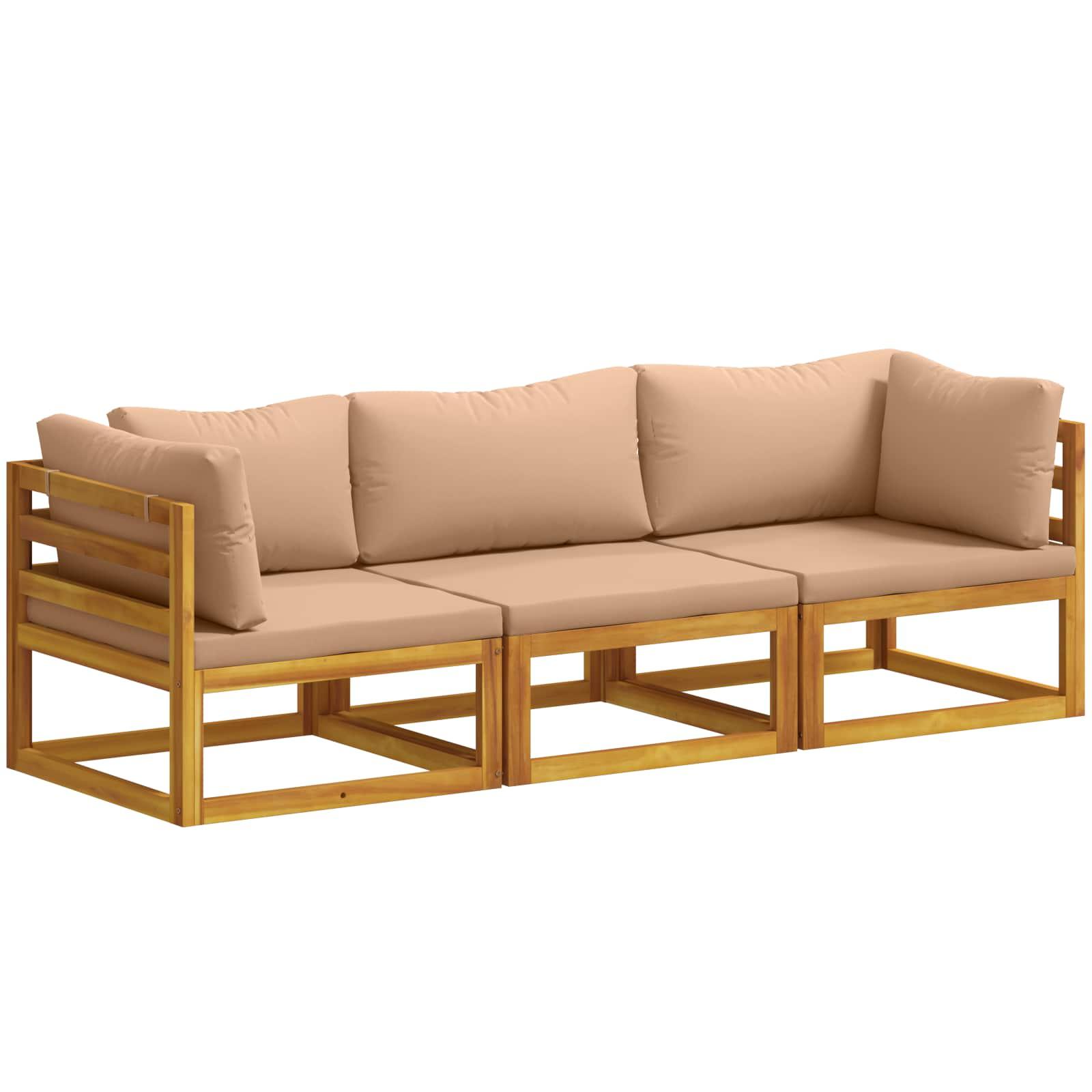 Sofa sæt i 3 dele af massivt akacietræ med beige hynder, naturfarvet