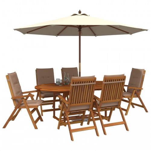Havesæt i 7 dele i naturfarvet massivt akacietræ med havebord og 6 stole