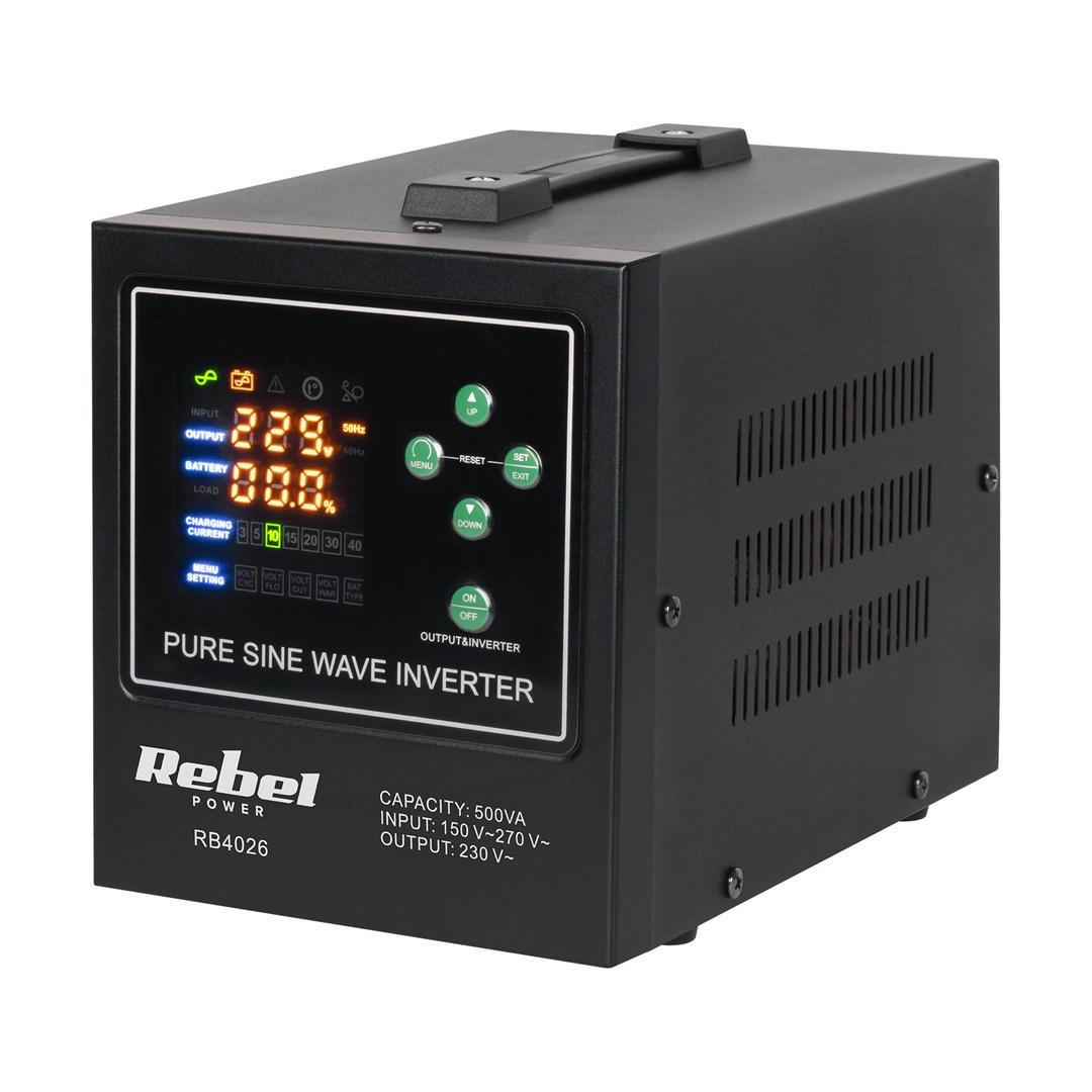 Rebel POWER-500-LFP4 nødstrømforsyning med ren sinus inverter 12 V, 230 V, 500 VA/300 W