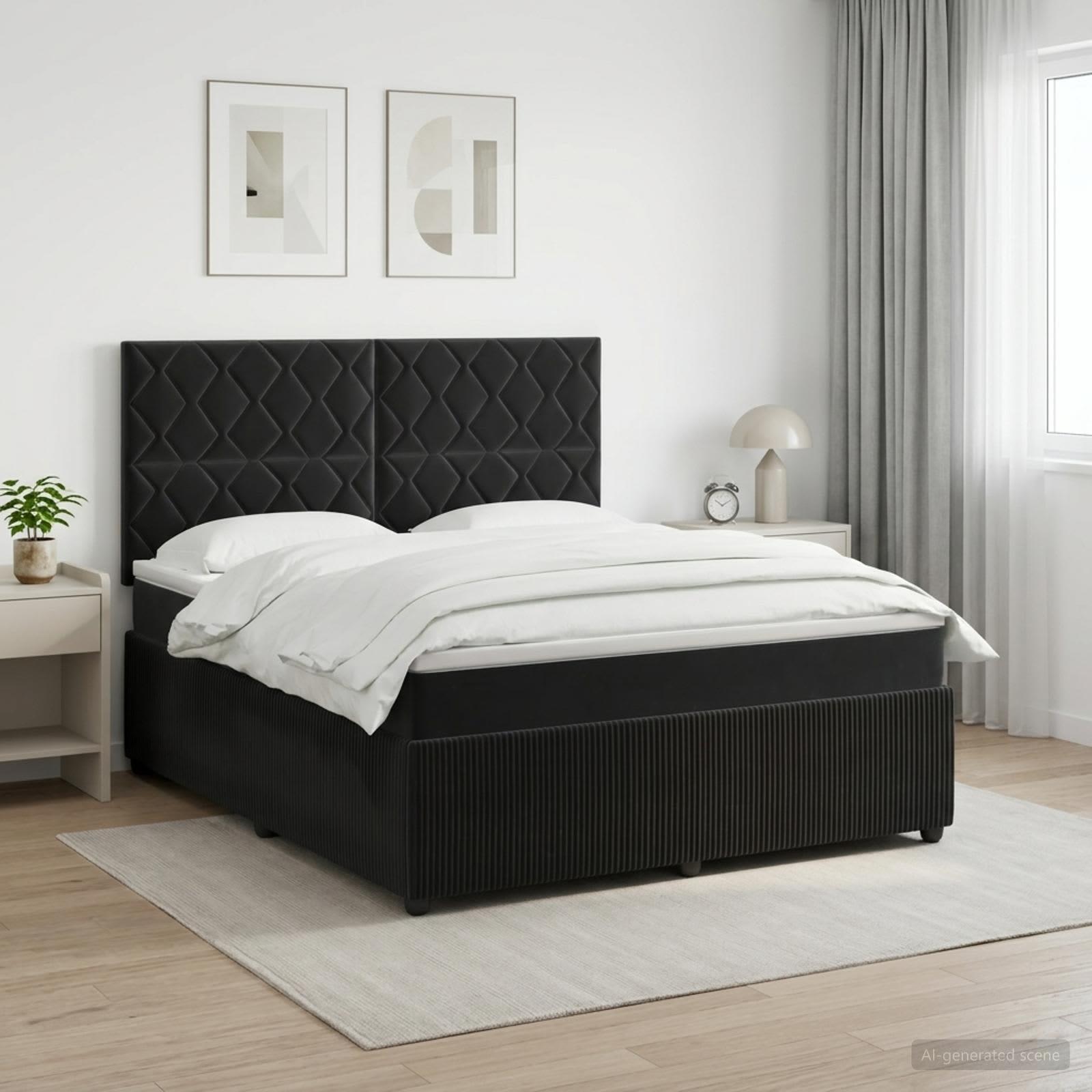 Kontinentalseng med madras og topmadras 180 x 200 cm med hovedgærde i sort fløjl