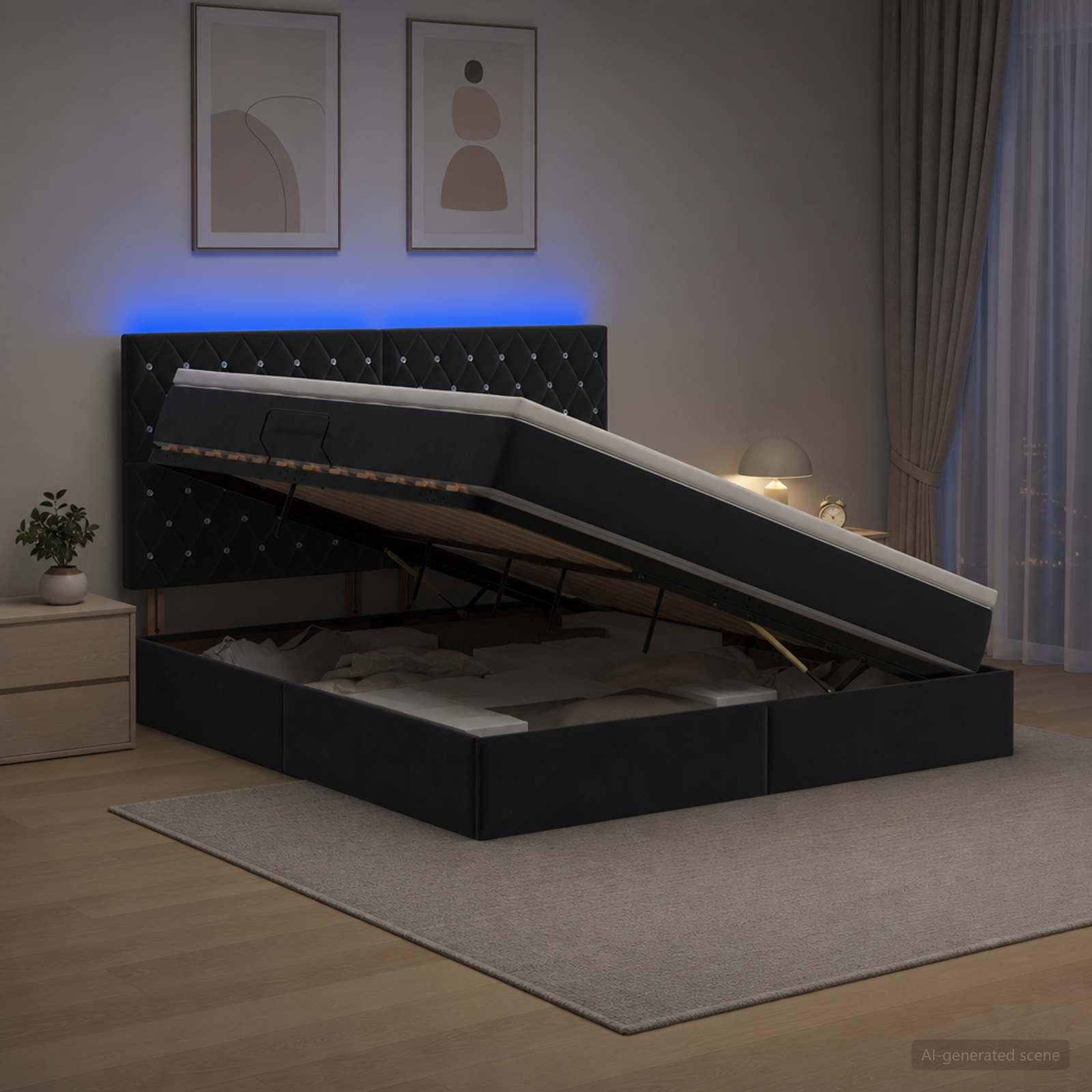 vidaXL LED opbevarings seng med madras Sort 180 x 200 cm Fløjl