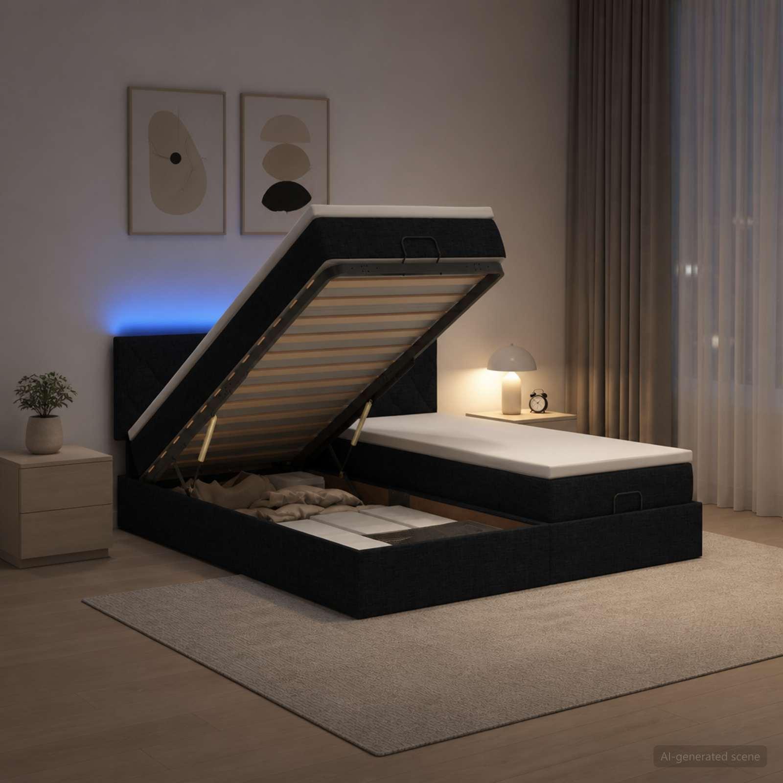 Ottoman seng med madras og LED sort 180 x 200 cm stof