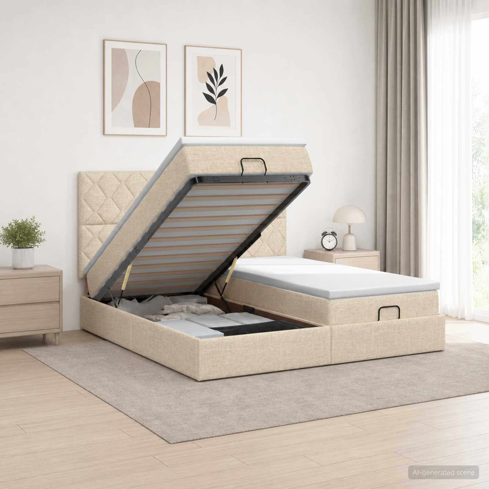 Ottoman seng med madras og hovedgærde 2 stk. 200 x 200 cm - cremefarvet stof
