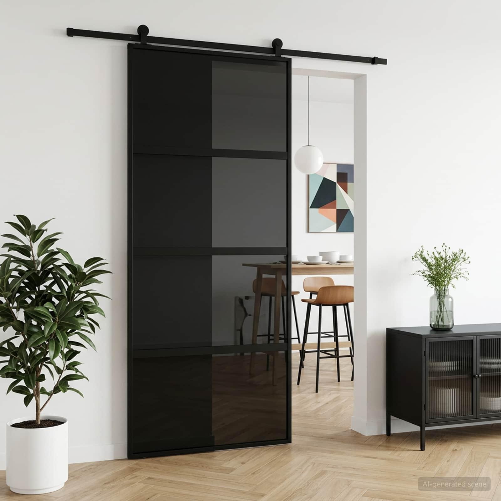 Skydedør 90 x 205 cm i hærdet glas og aluminium - sort