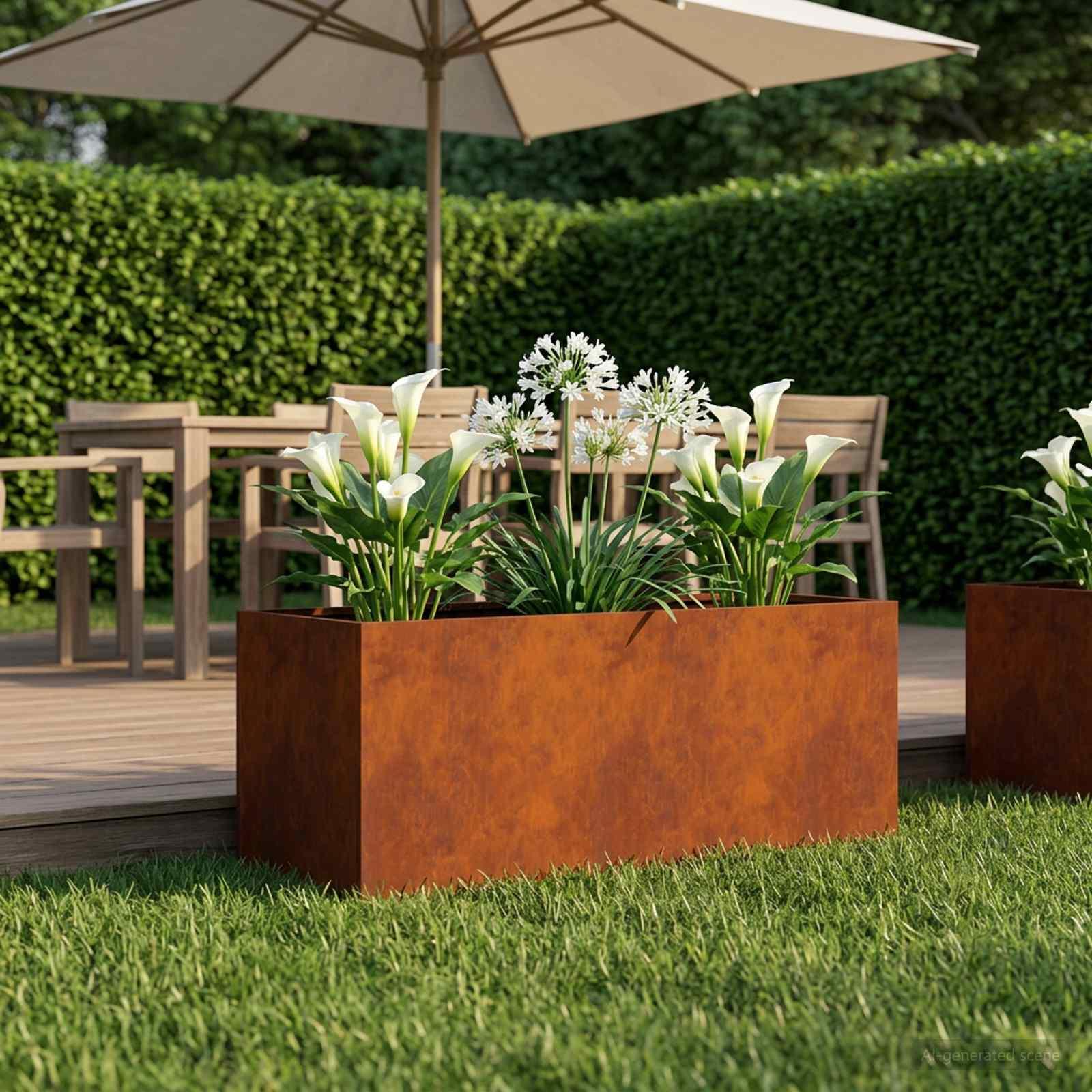 Plantekasse i cortenstål 100 x 40 x 40 cm - rusten blomsterkrukke