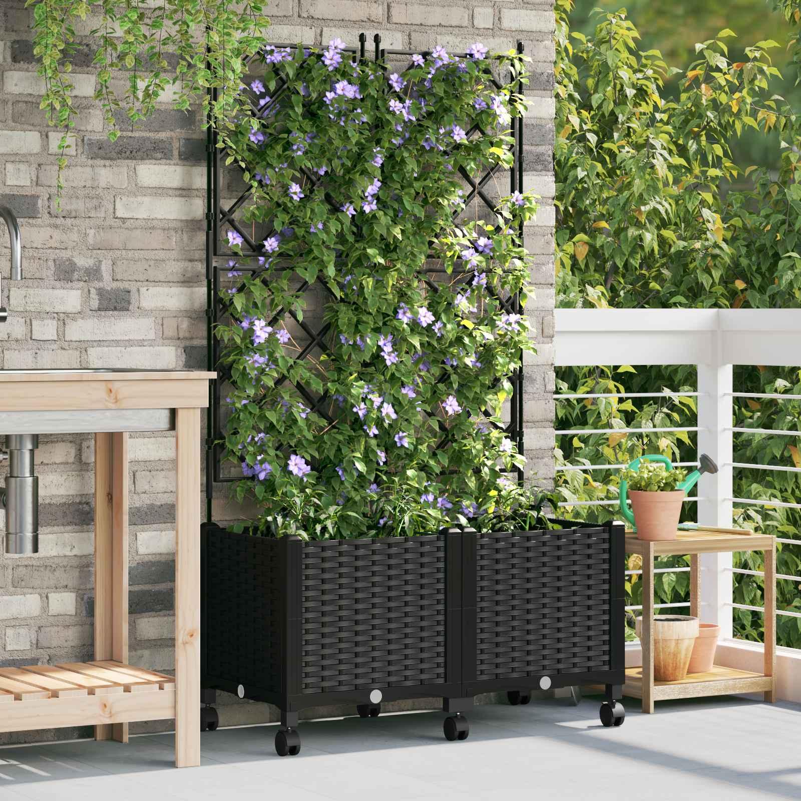 vidaXL Haveplantekasse med espalier og hjul 2 stk. Sort PP