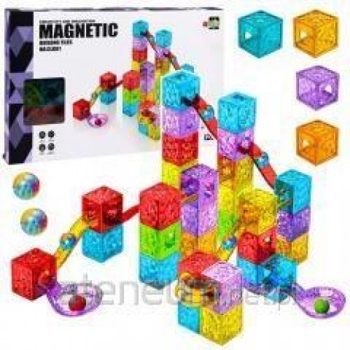 Magnetiske byggeklodser med kuglebane, farverige terninger - 60 dele