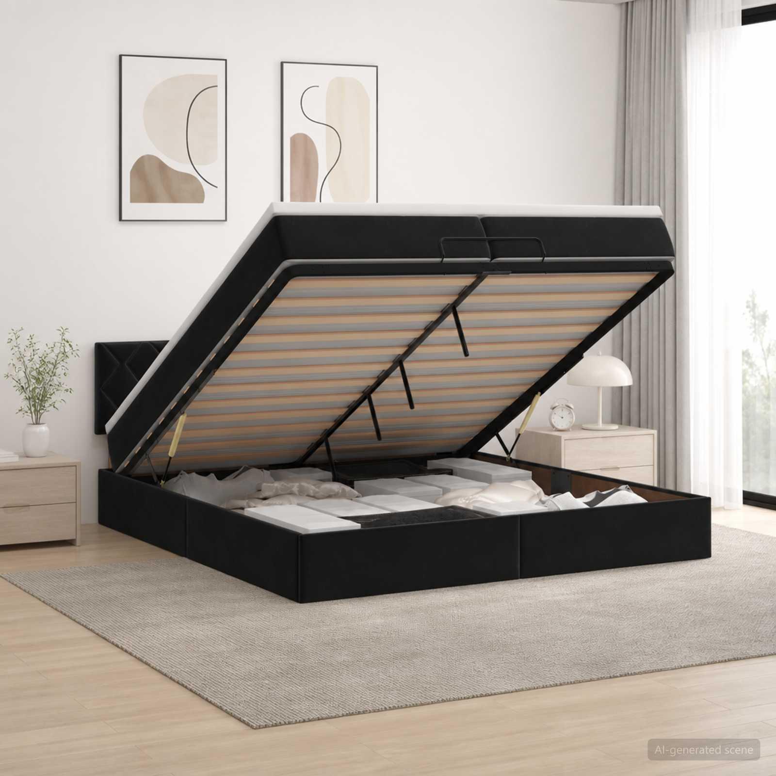 vidaXL Ottoman seng med madras og LED Sort 200 x 200 cm Velour