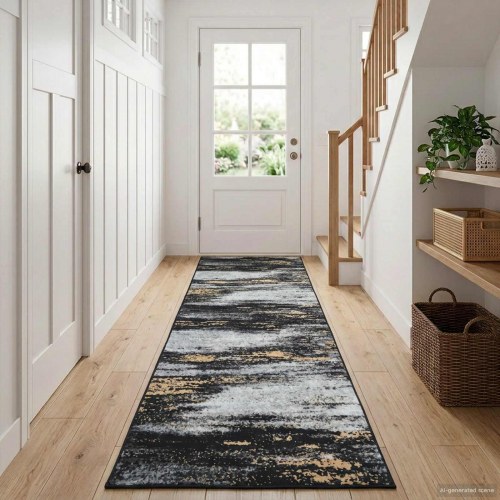 Tæppe runner LESAKA sort/guld 100 x 400 cm i diamantvelour