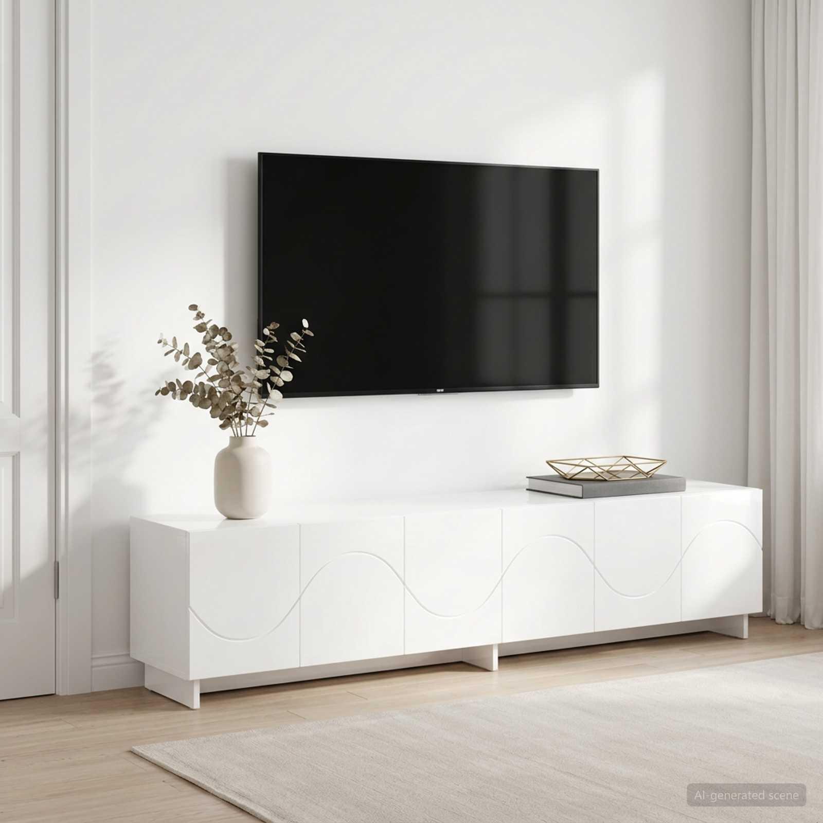 TV-bord i hvid højglans 180 x 34,5 x 40 cm med 6 låger