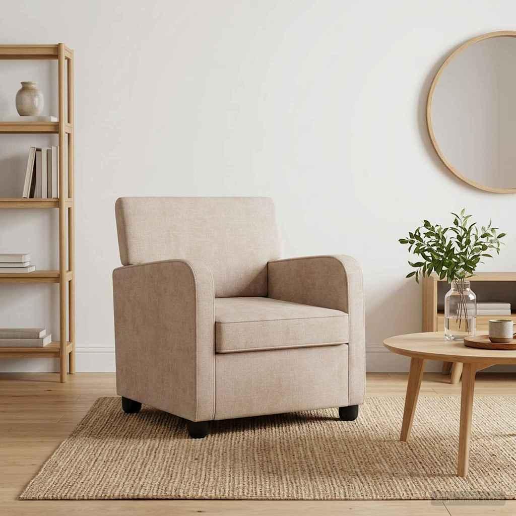 Lænestol i beige chenille med brede armlæn