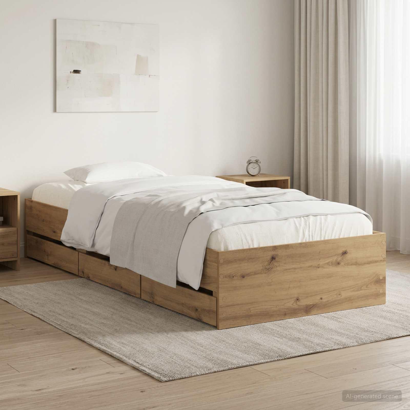 Sengestel med opbevaring 90 x 200 cm i konstrueret træ - artisan-eg