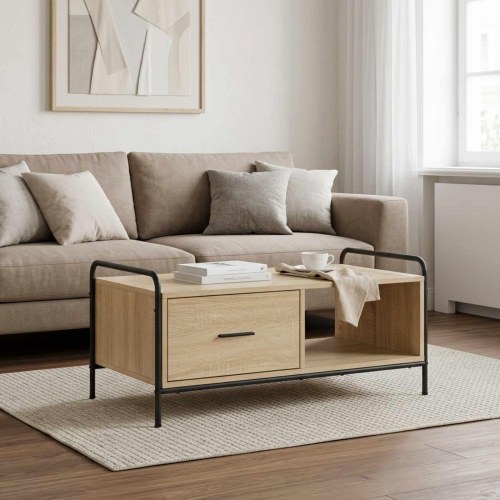 Sofabord i sonoma-eg 90 x 49 x 41 cm med skuffe