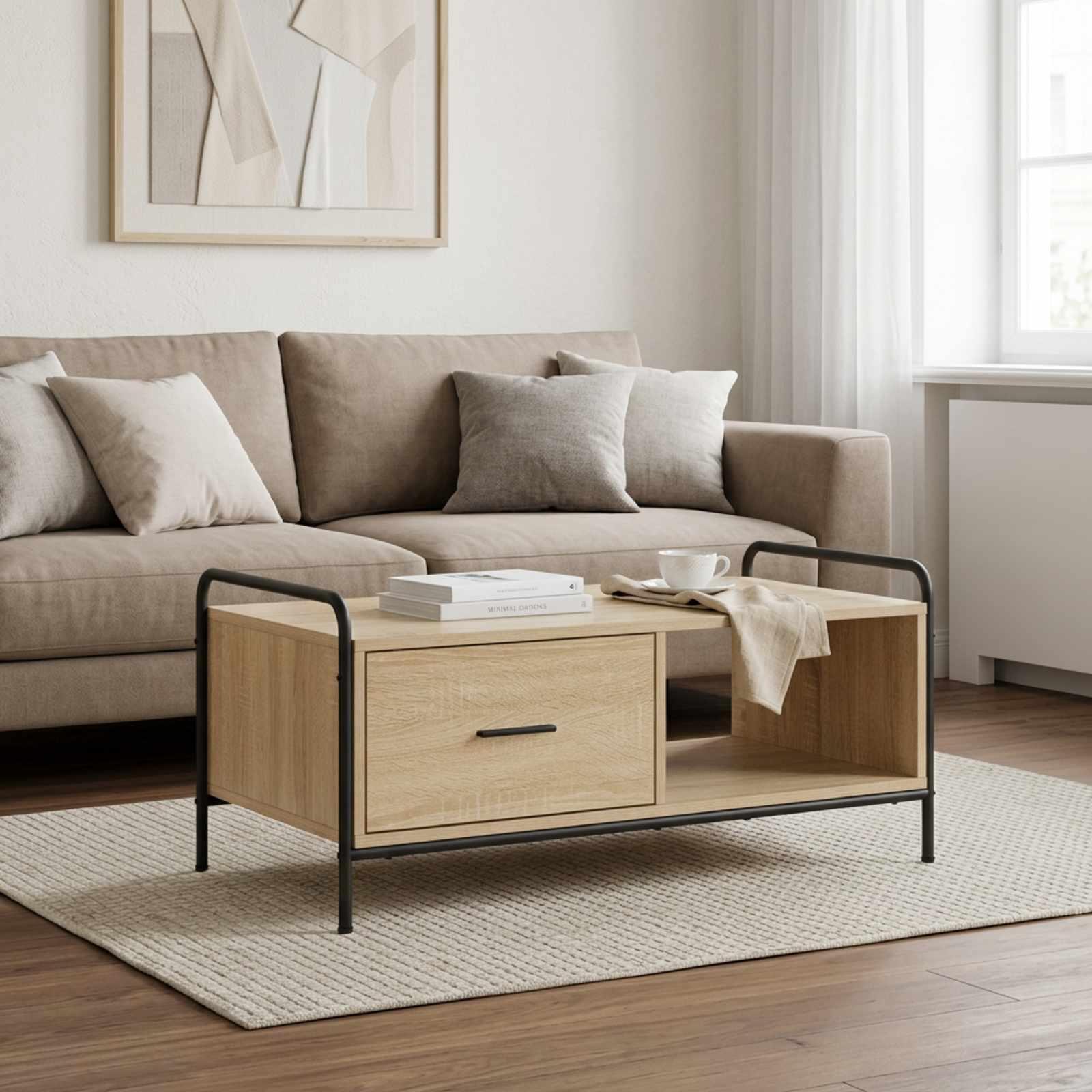 Sofabord i sonoma-eg 90 x 49 x 41 cm med skuffe