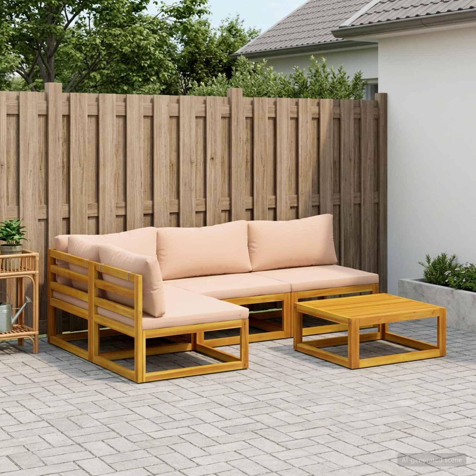 Sofa sæt 5 stk. i massivt akacietræ naturfarvet med beige hynder