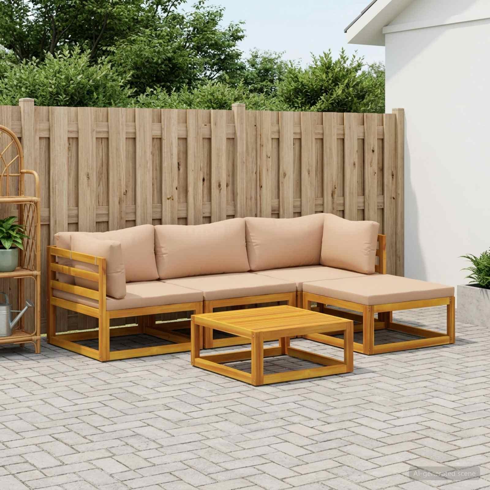 Sofa sæt 5 stk. i massivt akacietræ naturfarvet med beige hynder