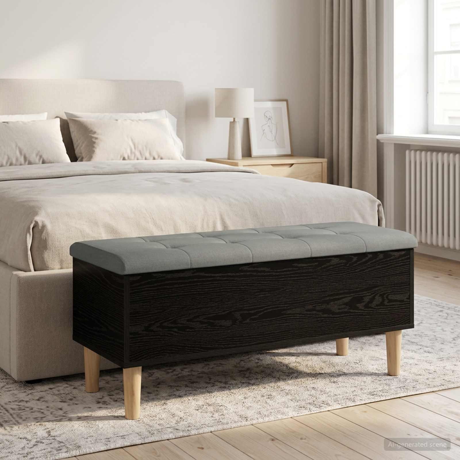 Opbevaringsbænk med pude i sort eg 102 x 42 x 46 cm