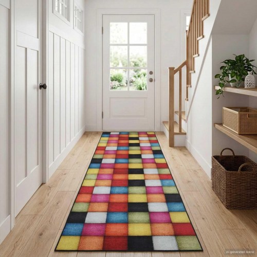 Tæppe runner LESAKA farverig 100 x 400 cm i diamantvelour
