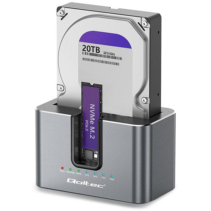 Qoltec 2-i-1 dockingstation til HDD, SSD og M.2 NVMe med kloning, USB-C, 28 TB