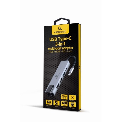 Gembird USB-C dock med HDMI, LAN og USB 3.2 Gen 1 - sølv
