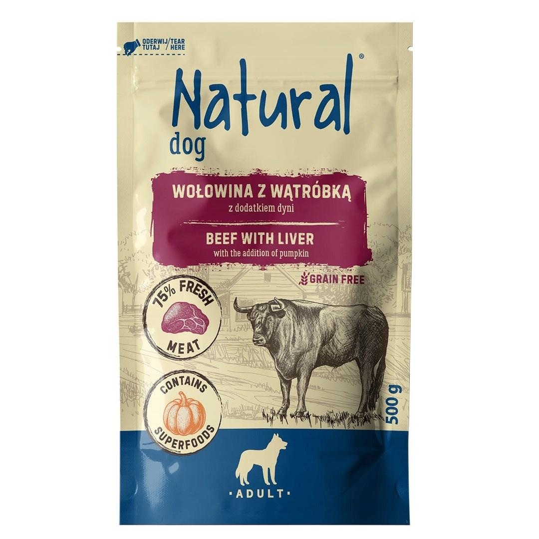 Natural vådfoder til hund med oksekød, lever og græskar 500 g