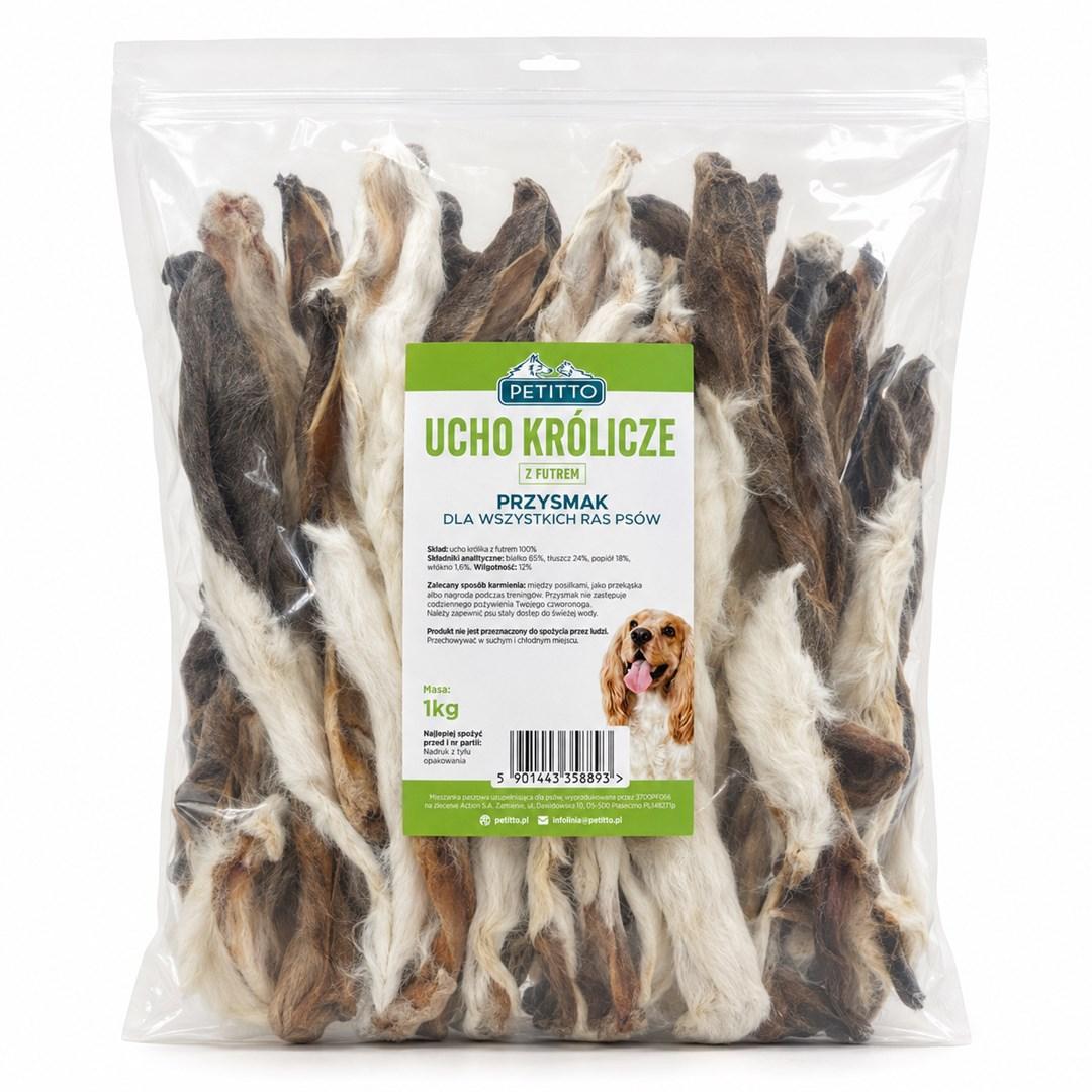 PETITTO Kaninører med pels Mono hundegodbid - 1 kg til voksne hunde af alle racer