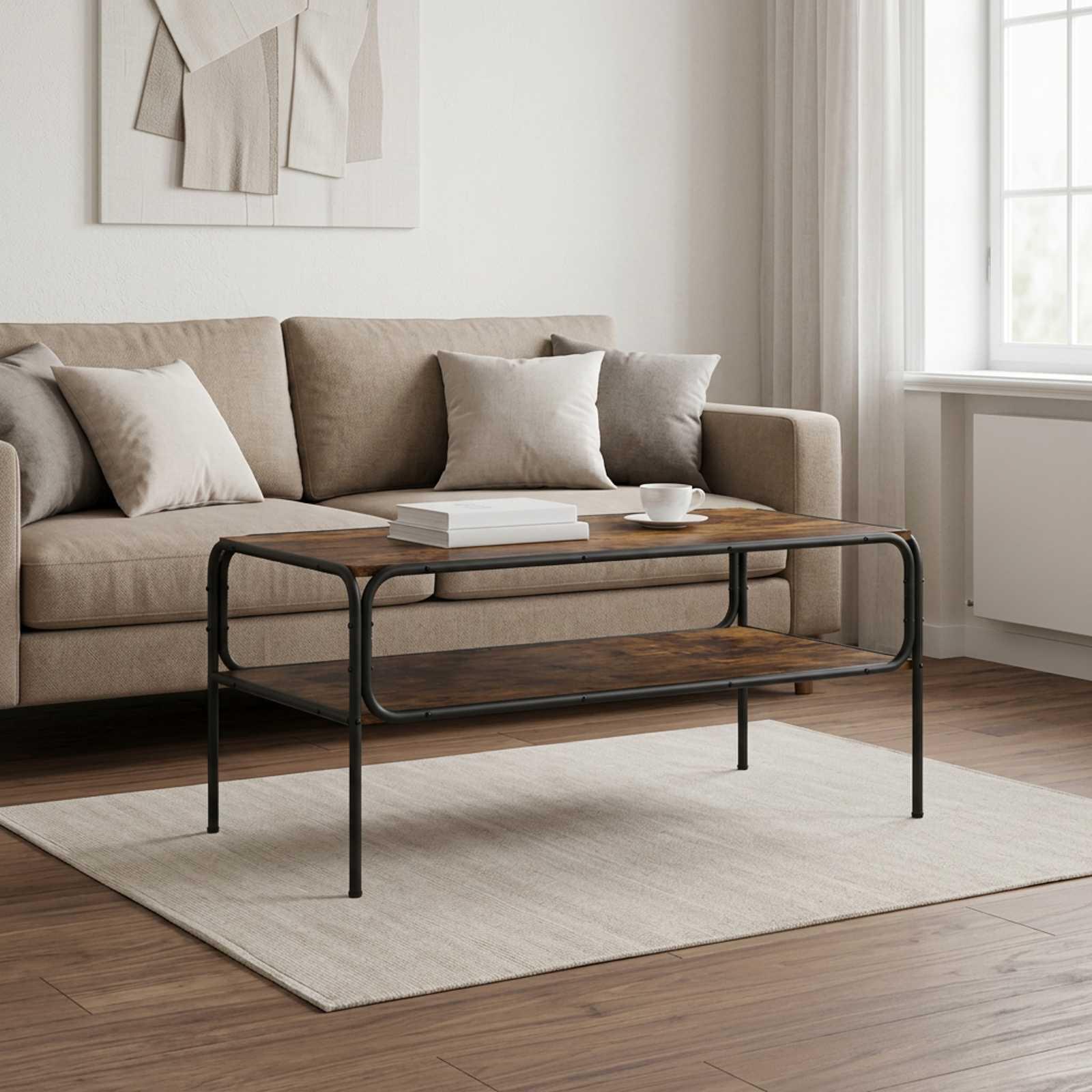 Sidebord i røget eg 100 x 50 x 46 cm med galvaniseret stålramme og 1 opbevaringsrum