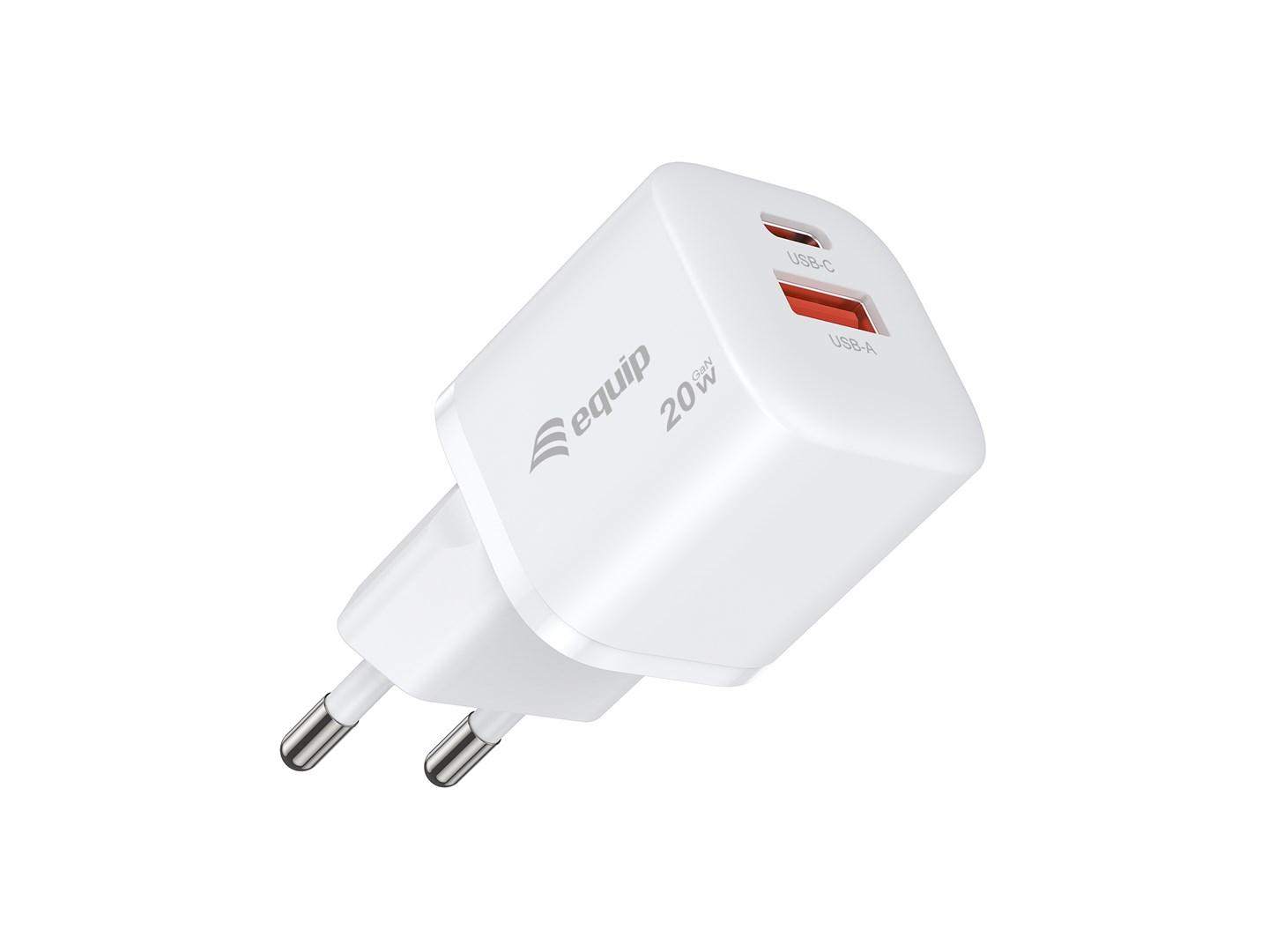 EQUIP 2-port 20 W GaN USB PD oplader med USB-C og USB-A, hvid, 25 stk.