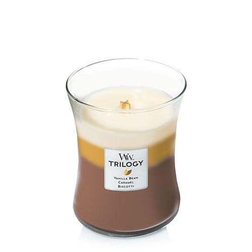WoodWick Trilogy duftlys i glas - vanilje, karamel og biscotti, gul/brun/hvid, 1 stk.