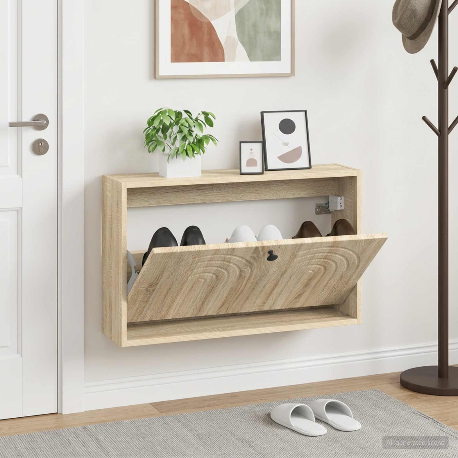 Vægmonteret skoskab ALKMAAR i sonoma-eg 71 x 17 x 43 cm med flip-down åbning