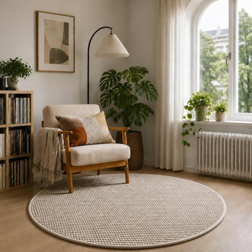 Rundt gulvtæppe beige Ø 120 cm - vaskbart