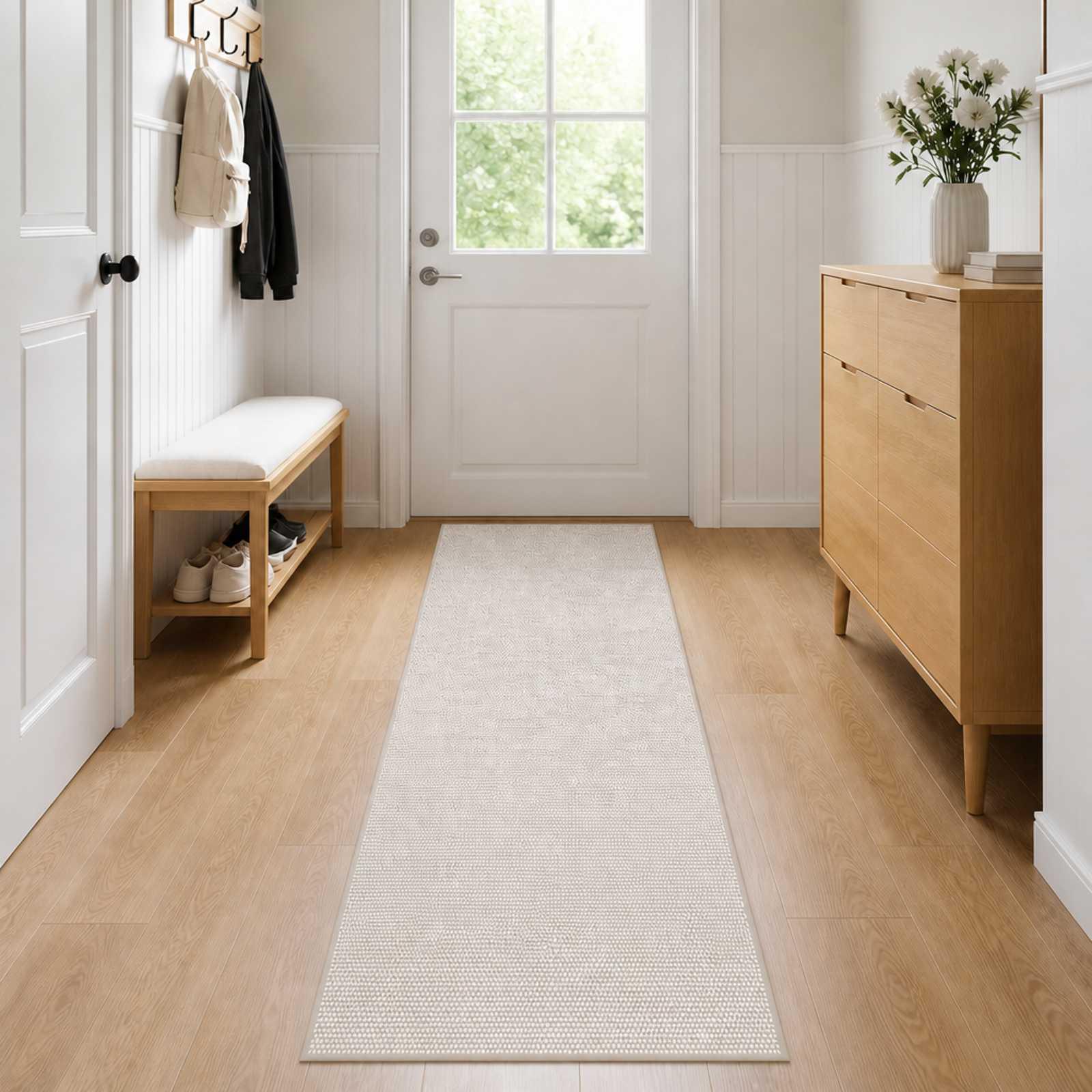 Gulvtæppe cremefarvet 100 x 300 cm - vaskbar