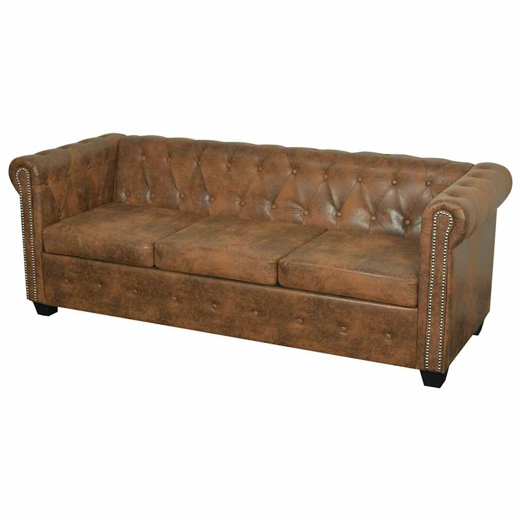 Chesterfield 3-personers sofa i brun kunstlæder