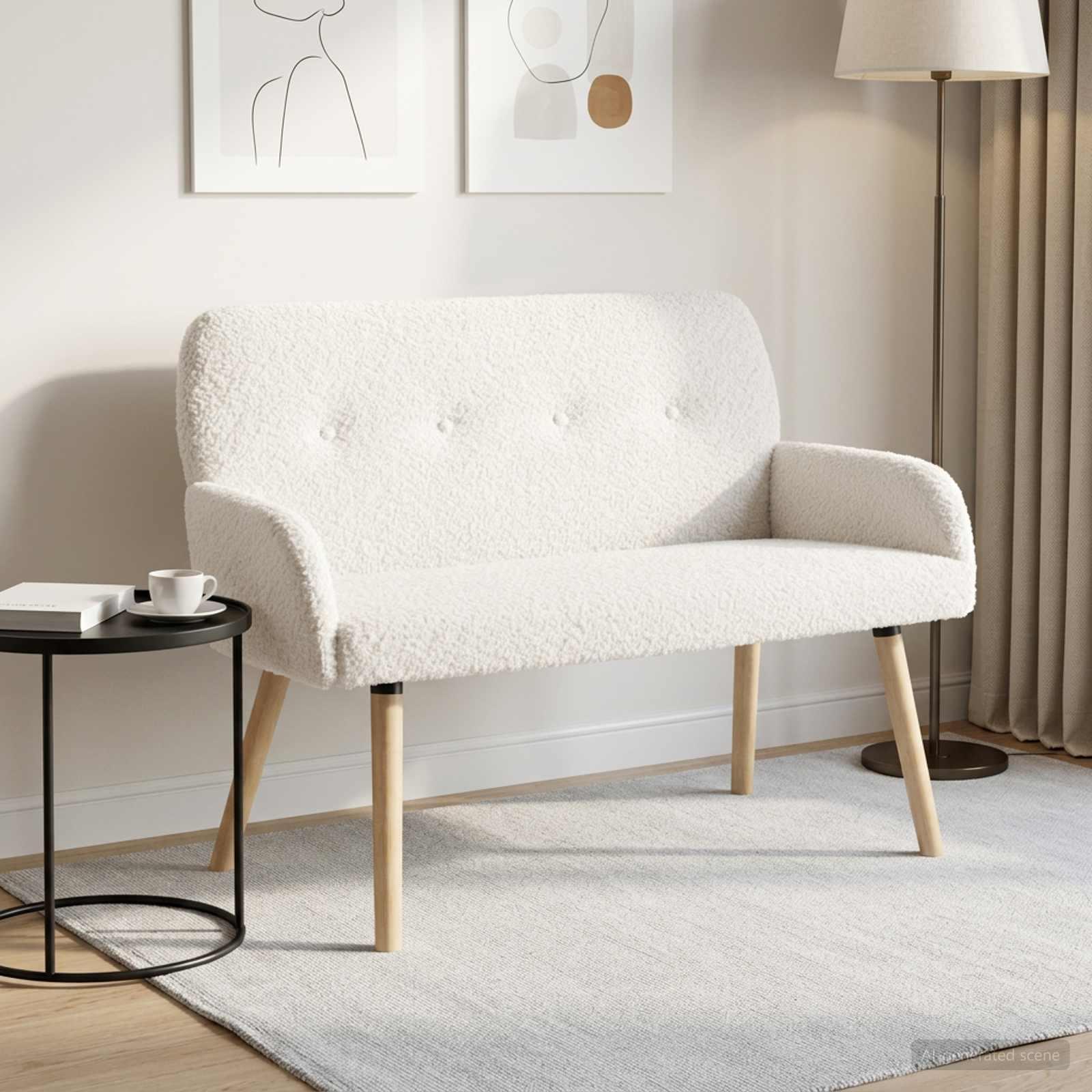 2-personers sofa i cremefarvet bouclé med træben