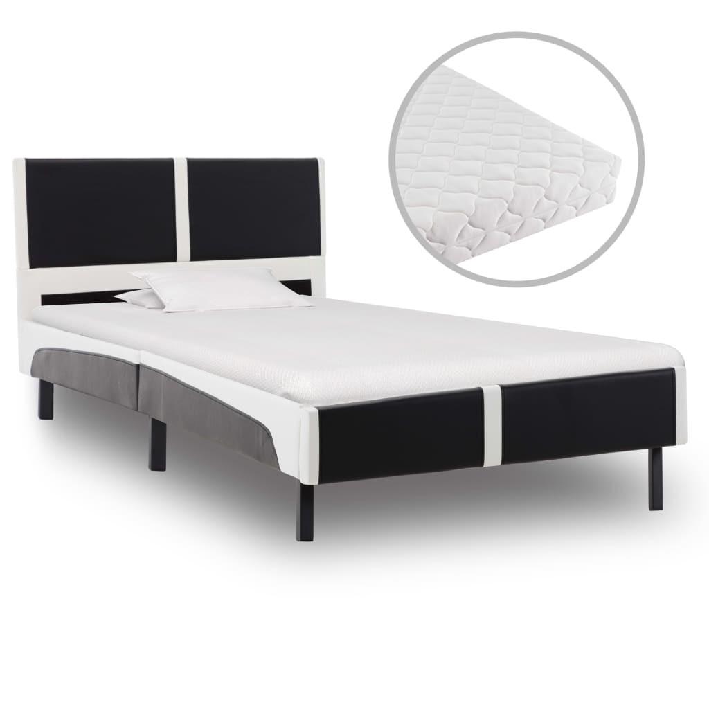Seng med madras 90 x 200 cm sort og hvid kunstlæder