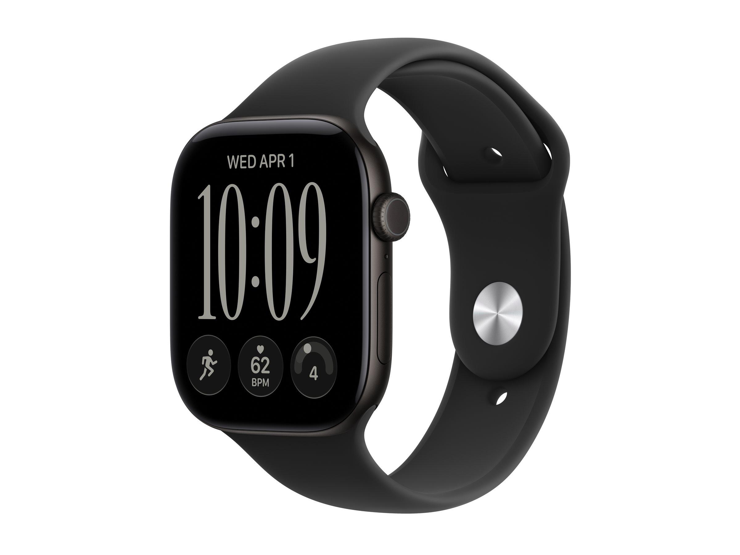 Apple Watch Series 12 (GPS) - 46 mm - sort aluminium - smart ur med sportsbånd - gummi - sort - båndstørrelse: S/M - 64 GB - Bluetooth, Wi-Fi 4, UWB - 39.5 g